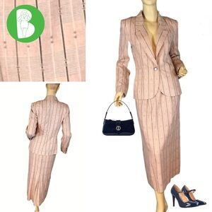 VINTAGE 1970'S HANDMACHER BLUSH & BLACK STRIPED PRINT SKIRT SUIT (8)